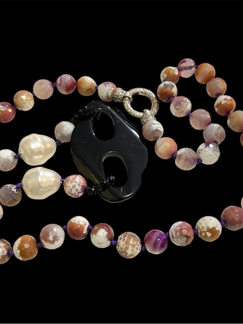 Multi-Color Glass or agate Bead Necklace Faux Stone Cold Heavy knotted between